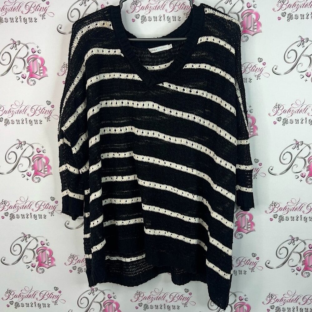 Only sweater Vneck stripes Striped Black and White Women's Sweater knit knitted